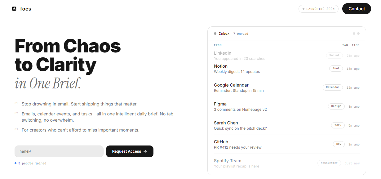 Focus — One screen. Whole day. Handled.